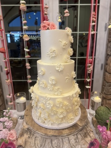 White cake with decorative flowers